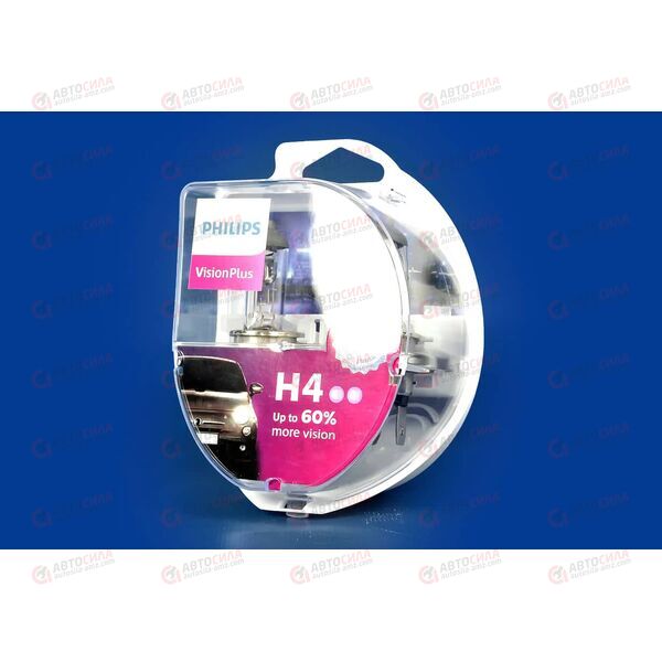 Лампа галоген 12В H4 60/55 Ватт P43t-38 +60% VISION PLUS (пласт/кор 2 шт) Philips