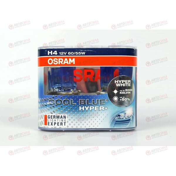 Лампа галоген 12В H4 60/55 Ватт P43t-38 +50% COOL BLUE HYPER+ 5000K (пласт/кор 2 шт) OSRAM, изображение 2