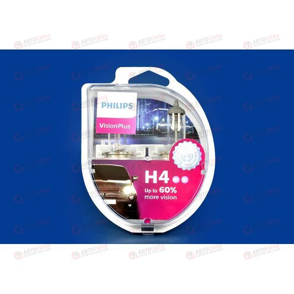 Лампа галоген 12В H4 60/55 Ватт P43t-38 +60% VISION PLUS (пласт/кор 2 шт) Philips, изображение 2